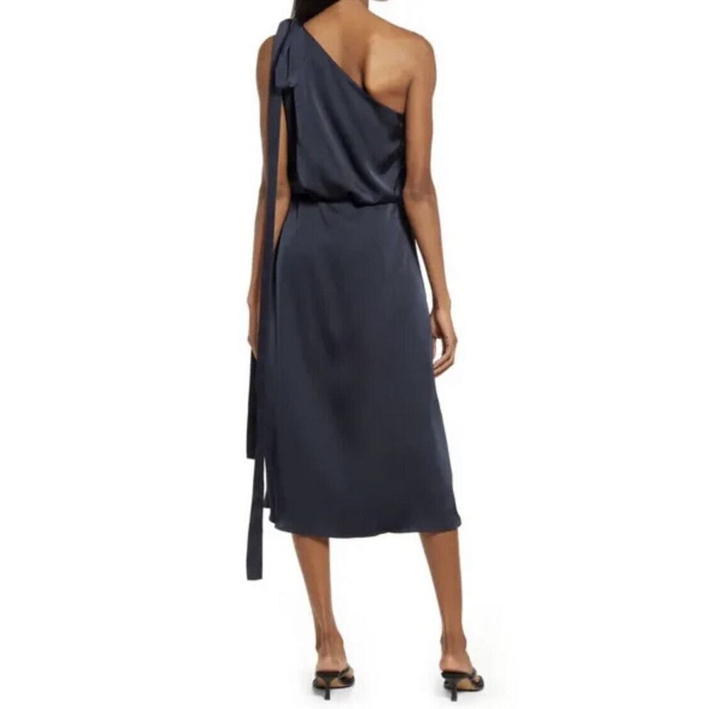 AMYLYNN Woman Navy Blue One Shoulder Satin Midi Dress~Size M - Picture 2 of 10